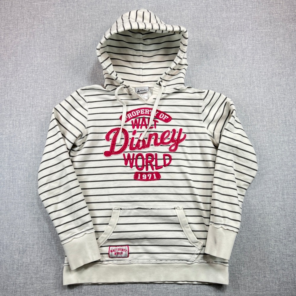 Disney Parks Authentic‎ Striped Hoodie Sweatshirt Womens Large White Pink Lounge